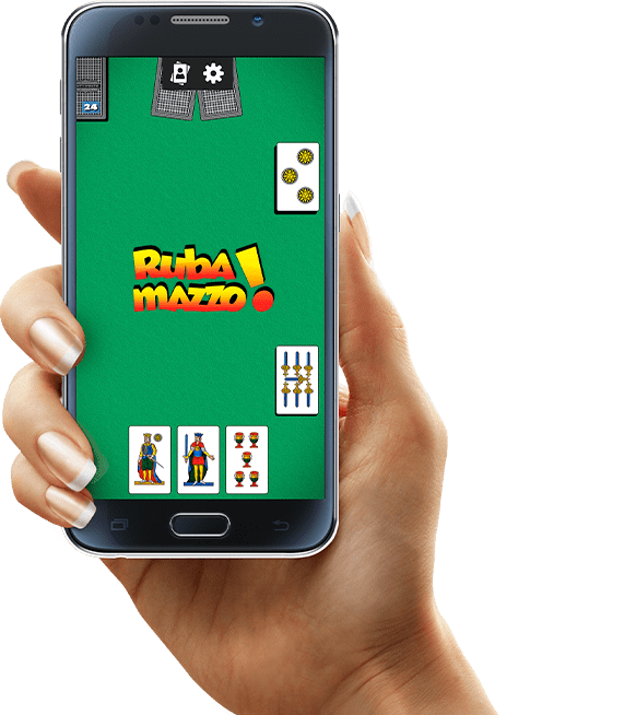 Immagine che mostra una mano che tiene un telefono cellulare col gioco di Rubamazzo Più sul suo schermo